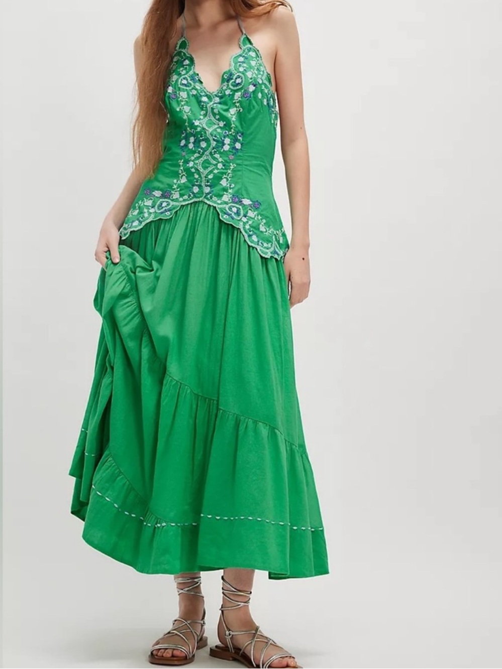 NWOT Free People Valenciana Embroidered Midi Dress in Green